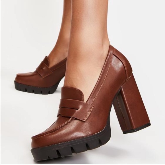 Lug Sole Tan High Heel Platform Penny Loafer - Picture 2 of 14